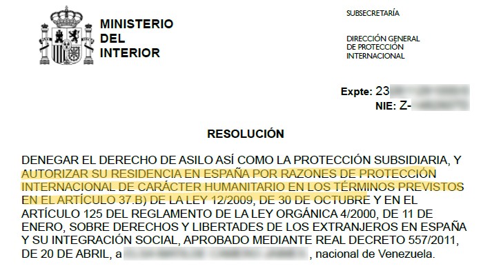 resolución razones humanitarias españa